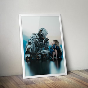 May include: Framed art print featuring a futuristic astronaut figure interacting with a young girl. The astronaut is clad in a detailed, gray and white spacesuit. The girl is wearing a blue jacket. The background has a gradient of blue and orange.