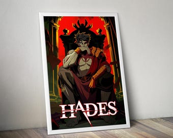 May include: A framed poster featuring a stylized illustration of a dark-haired figure sitting on a throne against a vibrant red background. The figure wears a red garment and gold armbands. The word HADES is printed in large white letters at the bottom.