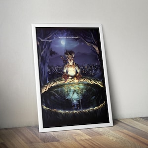 May include: A framed vertical art print featuring a dark, atmospheric illustration of a character looking into a glowing well. The text "WHO YOU WILL BECOME" is printed at the top. The scene includes trees, a distant town, and a moonlit sky.