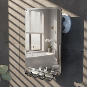 May include: A rectangular, silver-framed mirror with a row of hooks attached to the bottom. The mirror is mounted on a gray tiled wall with a suction cup. The reflection shows a bathroom with a bathtub and window.