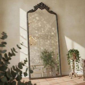 May include: A tall, rectangular floor mirror with a dark, weathered frame featuring an ornate, carved crest at the top. The mirror has a rounded arch design and a slim, textured border, reflecting a bright room with a chandelier and wall molding.