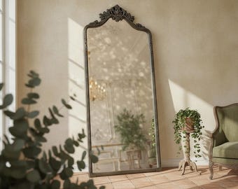 Bronze Arched Full Length Mirror with Ornate Vintage Frame for Elegant Bedrooms & Living Spaces