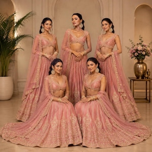 May include: Five matching dusty rose lehengas featuring intricate gold embroidery on the skirts and blouses. Each set includes a sleeveless V-neck choli, a voluminous floor-length skirt with detailed floral patterns, and a sheer matching dupatta.