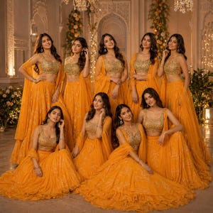 May include: A group of seven individuals wearing matching mustard yellow lehengas, each featuring a sleeveless gold sequined blouse and a long, flowing skirt with delicate white embroidery, paired with a coordinating sheer yellow dupatta.