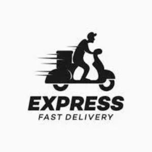 May include: A black graphic logo featuring a silhouette of a person riding a scooter with a delivery box on the back. Horizontal motion lines extend from the box. The text EXPRESS is in large bold letters with FAST DELIVERY underneath in smaller font.