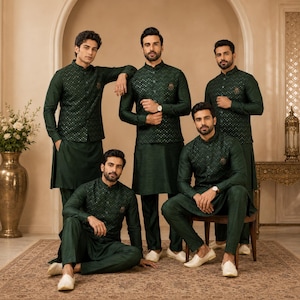 May include: Five individuals wearing matching dark green ensembles consisting of long-sleeved kurtas and coordinating vests with subtle metallic embroidery. Each outfit is paired with matching trousers and light-colored slip-on shoes.