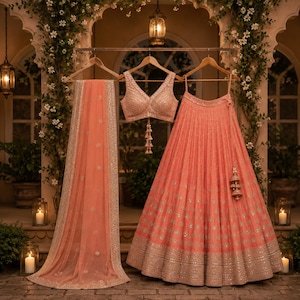 May include: A peach-colored lehenga set featuring a sleeveless blouse with intricate embroidery and mirror work, a matching pleated floor-length skirt with a wide embellished border, and a sheer dupatta with a decorative silver-toned trim.