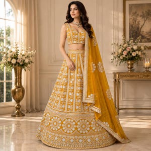 May include: A mustard yellow lehenga choli set featuring a sleeveless blouse and a floor-length skirt, both adorned with intricate white floral embroidery and geometric patterns. A matching sheer yellow dupatta with white embroidered borders is draped.