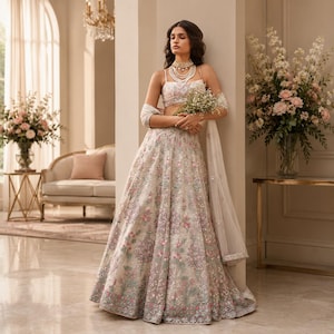 May include: A light-colored, floral-embroidered lehenga with a matching top and dupatta. The skirt features a full, flowing design with intricate floral patterns in shades of pink, green, and silver. The top has a delicate, spaghetti strap design. The outfit is accessorized with layered necklaces.