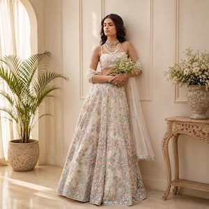 Cream color georgette embroidery lehenga choli Party Wear Outfit , indian wedding wear