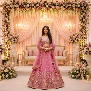 May include: A woman in a pink embroidered lehenga stands in front of a decorated backdrop. The lehenga features intricate gold and silver embroidery. The backdrop includes pink curtains, floral arrangements, and chandeliers, creating an elegant setting.