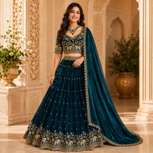 Teal Blue Embroidery & Sequence work Designer Lehenga Choli for Wedding Function