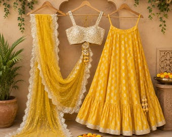 Lehenga Choli amarillo de georgette sintético: atuendo de boda indio, bordado con lentejuelas.