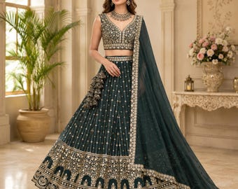 Lichtgroene pailletten borduurwerk bruiloft Lehenga Choli