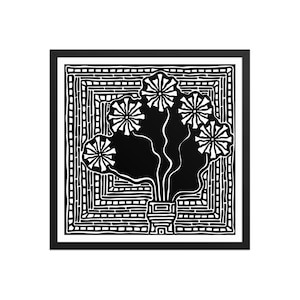 May include: Black and white framed art print featuring a stylized floral design. The artwork depicts a vase with a cluster of flowers, set against a patterned background. The design is a bold, graphic representation of nature.