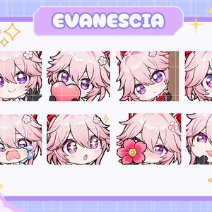 Könnte beinhalten: Ein digitales Sticker-Set mit acht Chibi-Charakter-Ausdrücken mit rosa Haaren und violetten Augen. Die Figur ist in verschiedenen Posen dargestellt, unter anderem mit einem Herz, weinend oder mit einer Blume. Der Text EVANESCIA steht oben.