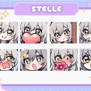 May include: A digital art set featuring eight anime-style emotes with various expressions. The emotes have gray hair, large yellow eyes, and are set against a pastel purple and blue background. The word "STELLE" is at the top.