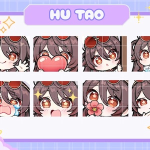 Könnte beinhalten: Eine digitale Grafik mit acht verschiedenen Emotes eines Zeichentrickcharakters mit braunen Haaren und roten Augen. Die Emotes zeigen verschiedene Ausdrücke, darunter Winken, ein Herz halten und Weinen. Der Name "HU TAO" wird oben angezeigt.