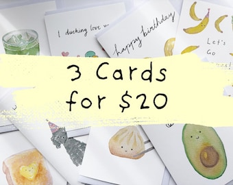 Set of 3 Greeting Cards Bulk | Handmade Watercolour Funny Cute Cards | Pick Any 3 Cards | Free Delivery Australia