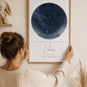 Könnte beinhalten: Ein gerahmter Druck mit einer dunkelblauen Darstellung eines Sternenhimmels im Aquarellstil. Der Druck enthält eine Sternenkarte, eine Skyline und den Namen "Lukas" mit dem Datum 26. Juni 2025 und dem Ort Berlin, Deutschland.