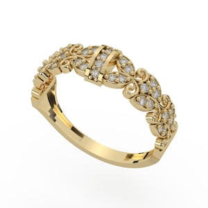 Vintage Floral Filigree Ring Pave CZ Leaf Vine Band Gold Plated Silver Botanical Jewelry
