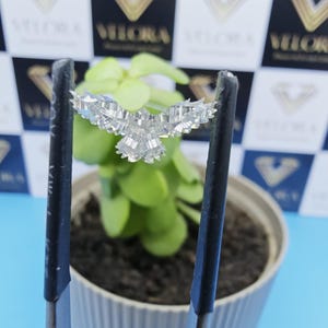 May include: A diamond-encrusted pendant in the shape of a bird is held by tweezers. The pendant is made of many small, clear diamonds. The background features a plant in a white pot and a patterned backdrop with the word "VELORA".