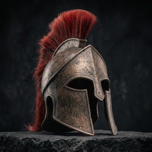 May include: A bronze-colored Spartan-style helmet featuring a weathered, textured metal finish and a prominent, tall crest made of long, vibrant red bristles that extend from the front to the back of the protective headgear piece.