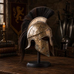 May include: A bronze-colored Spartan-style helmet with a weathered, hammered texture and a prominent black horsehair crest. The helmet is mounted on a simple black circular stand, showcasing its metallic finish and protective face guard design.