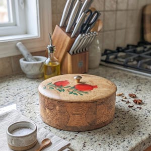 Peut inclure: Un récipient rond en bois avec un couvercle orné d'un motif de grenade rouge peint et d'un petit bouton en métal. Le grain naturel du bois est visible sur les côtés et le dessus du récipient, posé sur une surface de comptoir mouchetée.