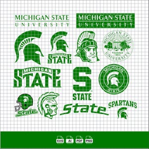 May include: A collection of green Michigan State University logos and graphics. The designs include the university name, Spartan helmets, and the letter "S". The image also features the text "SPARTANS" and the founding year, 1855.
