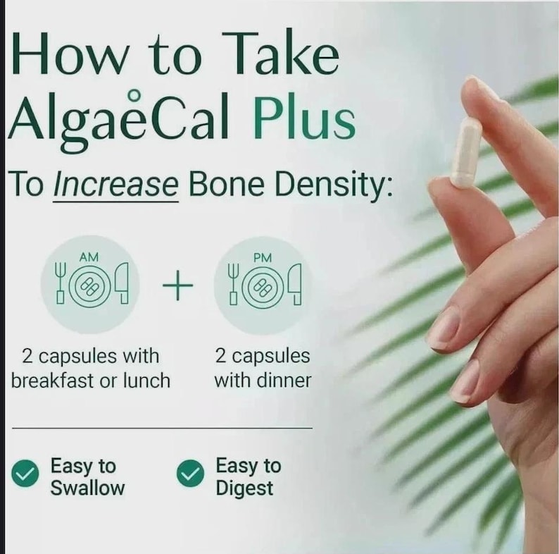 May include: An informational graphic titled How to Take AlgaeCal Plus To Increase Bone Density. It displays instructions for taking 2 capsules with breakfast or lunch and 2 capsules with dinner, noting the product is easy to swallow and digest.
