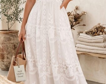 Boho Lace Maxi Dress: Floral Embroidered V-Neck Flutter Sleeve Wedding Guest Gown