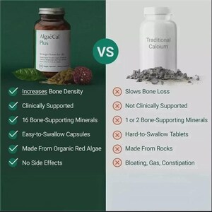 May include: A comparison graphic featuring a brown bottle labeled AlgaeCal Plus with organic red algae next to a white bottle labeled Traditional Calcium with rock fragments. A list of six green checkmarks and six red x-marks details product features.