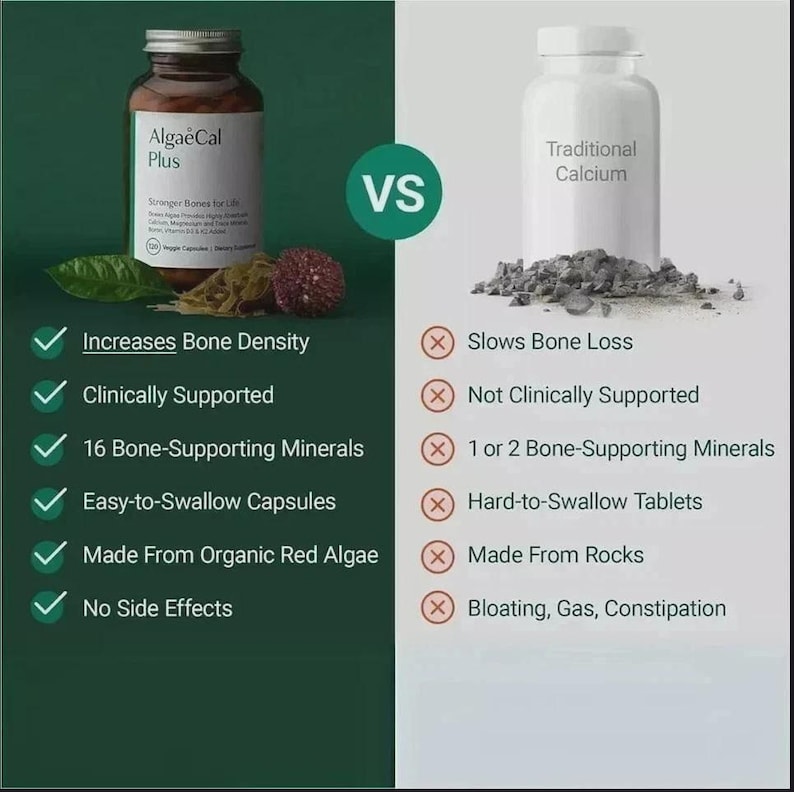 May include: A comparison graphic featuring a brown bottle labeled AlgaeCal Plus with organic red algae next to a white bottle labeled Traditional Calcium with rock fragments. A list of six green checkmarks and six red x-marks details product features.