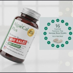 May include: A brown plastic bottle of AlgaeCal Plus dietary supplements with a silver cap. The label features text including 'Increase Bone Density', 'BIG SALE!', and '16 Essential Nutrients That Increase Bone Density' with two capsules.