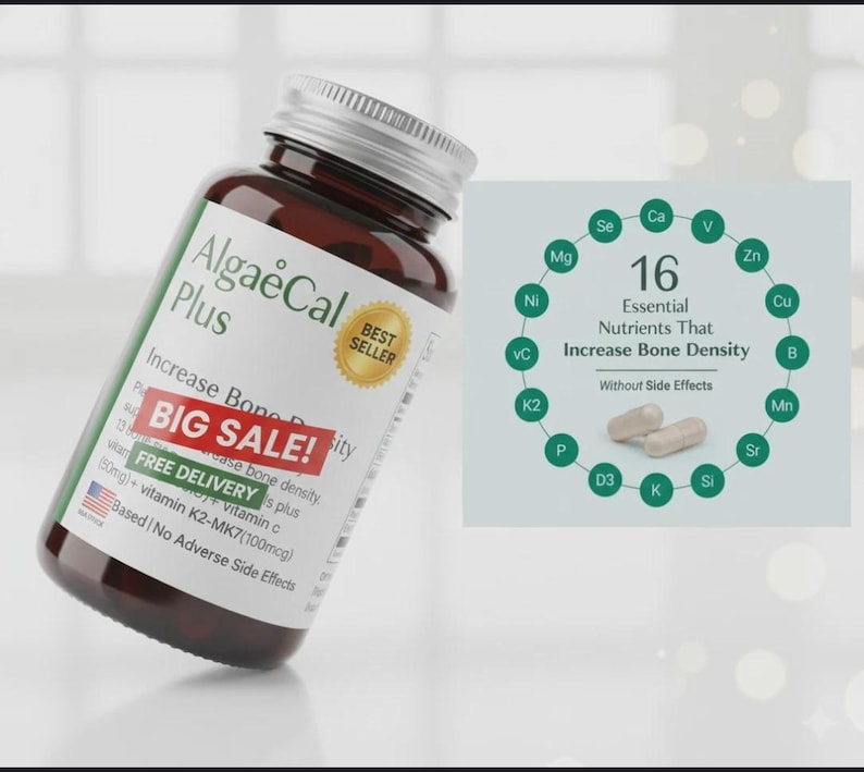May include: A brown plastic bottle of AlgaeCal Plus dietary supplements with a silver cap. The label features text including 'Increase Bone Density', 'BIG SALE!', and '16 Essential Nutrients That Increase Bone Density' with two capsules.