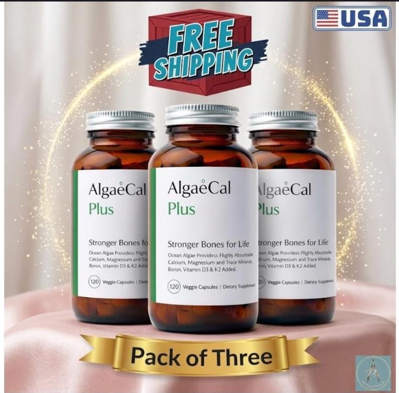 May include: Three amber glass bottles of AlgaeCal Plus dietary supplements with white labels. Each label features the text AlgaeCal Plus, Stronger Bones for Life, and 120 Veggie Capsules. The bottles are arranged in a row on a smooth surface.