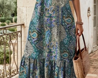 Boho Paisley Print Maxi Dress, V-Neck Ruffle Hem, Summer Beach Flowy Dress