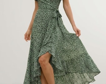 Women's Floral Wrap Maxi Dress, Boho V-Neck Ruffle Summer Beach Dress