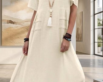 Women Linen Midi Dress, Loose Fit Boho Summer Dress, Beige Casual Maxi Short Sleeve