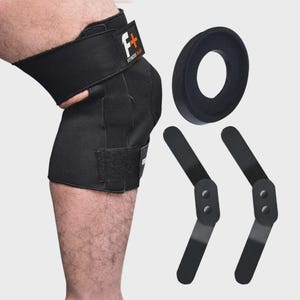May include: A black knee brace with a Fitness Plus logo, featuring adjustable straps and a circular patella stabiliser. Two detachable metal hinges with dual rivets are shown separately alongside the brace, which is worn on a leg.