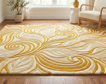 Golden Leaf Flow Hand-Tufted Rug – Elegant Modern Designer Carpet