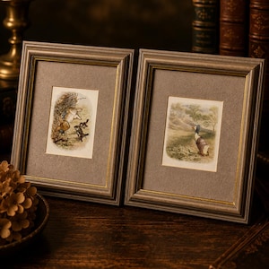Pode incluir: Duas gravuras vintage emolduradas com ilustrações detalhadas. As molduras são cinza suave com uma borda interna dourada. Uma gravura retrata uma cena com coelhos, a outra uma pessoa em um campo. As gravuras são exibidas em uma superfície de madeira escura.