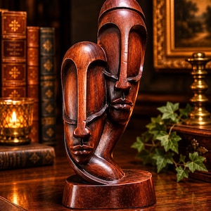 Vintage ANDRE Decembre Holzskulptur, signierte haitianische handgeschnitzte ineinandergreifende Gesichter, große 43 cm modernistische abstrakte Hartholzkunst