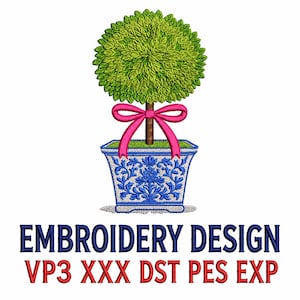 Könnte beinhalten: Ein Stickdesign mit einem Buchsbaum in einem blau-weißen Pflanzgefäß mit einer rosa Schleife. Das Design enthält den Text "EMBROIDERY DESIGN" in Marineblau und Dateityp-Abkürzungen in Rot.