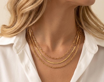 3-Laags Ketting Goud | Paperclip Snake Chain Layered Ketting Dames | Waterproof Stainless Steel | Cadeau voor Haar | Scandinavisch Design