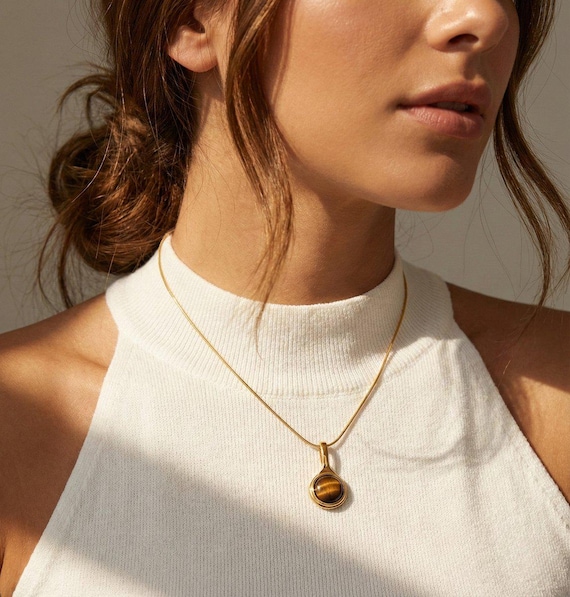 Natural Stone Necklace | Dainty Gold Tigereye Pendant | Tiger Eye Necklace 18k PVD Plated - Waterproof non tarnish nickel free