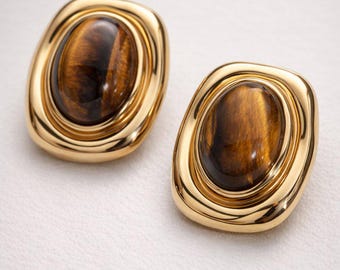 Tijgeroog Oorstekers Dames Goudkleurig - Vintage Natuursteen Studs - Boho Premium Stainless Steel - Kristal Heilsteen Cadeau