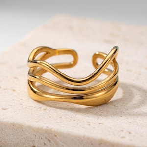 Wavy Layered Ring Gold or Silver • Adjustable Open Statement Ring • Waterproof Stainless Steel • Minimalist Wave Ring • Gift for Her