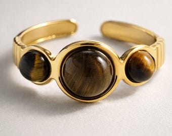 Tijgeroog Statement Ring Dames Goudkleurig - Verstelbare Drie Stenen Natuursteen Ring - Boho Kristal Heilsteen Cadeau Mama